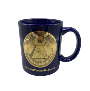 Product image of the front of the reverse of the Great Seal mug. It is a vibrant blue color with a monochromatic gold rendering of the reverse of the Great Seal on the front. Underneath, is "21stcenturyradio.com"